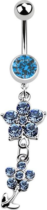 Image du produit Star Piercing Banane argentée avec pendentif deux fleurs de cristal bleu clair (Acier chirurgical 316L)