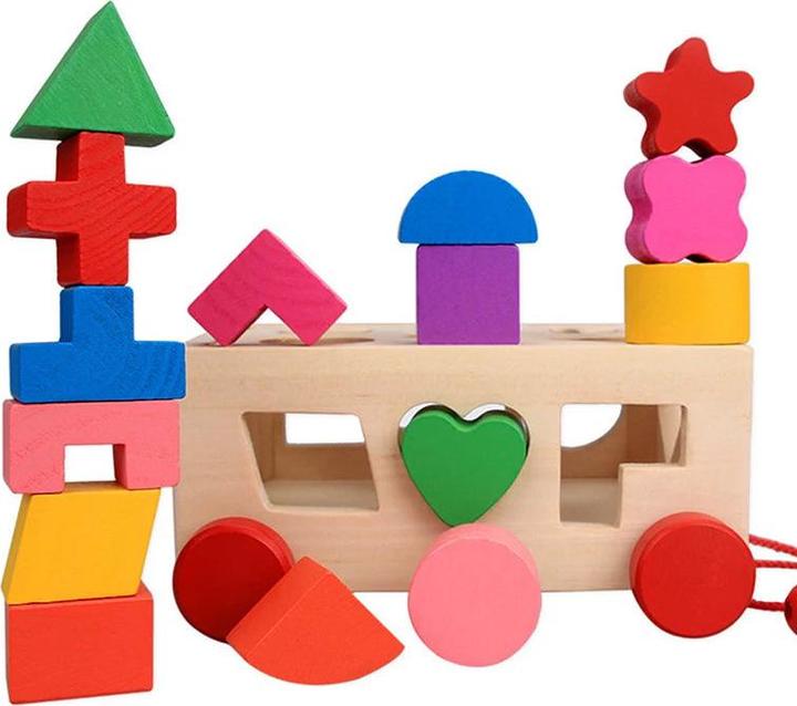 Immagine prodotto Activity Board Giocattolo a stampo in legno a forma di auto che si tira dietro, scatola di blocchi da abbinare per