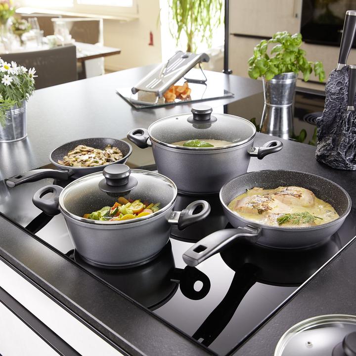 Produktbild Stoneline Kochgeschirr-Set 13 teilig mit Deckeln, beschichtete Töpfe, Pfannen Induktion geeignet (32 cm, Stielkasserolle, Kochtopf, Bratpfanne, Aluminium)