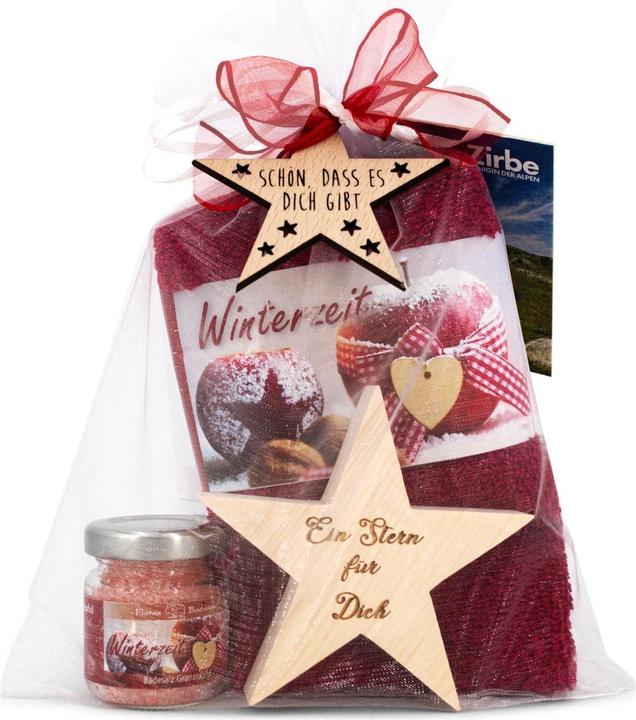ZNatur Geschenkset Weihnachten Zirben Holz Arvenholz Stern Geschenk Deko Badesalz & Tuch No.137 (Körperpflegeset)
