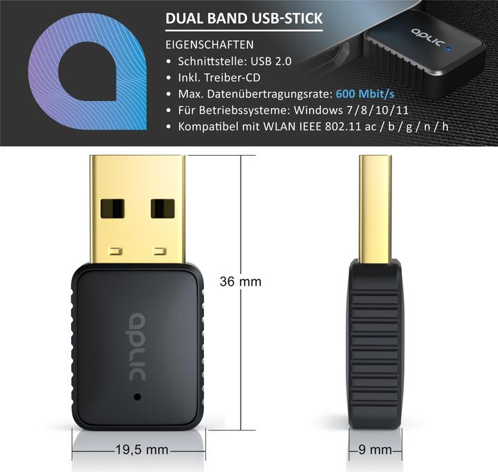 Produktbild Aplic WLAN USB Adapter Stick Dongle, WiFi Stick 600 MBit/s 2,4 GHz + 5 GHz / 802.11 ac/n/g/b/h, Windows 11 (USB)