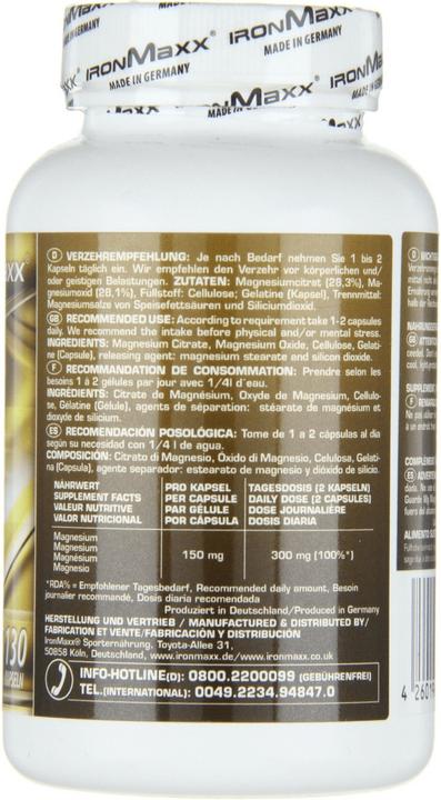 Nährwerte und Zutaten IronMaxx Mg-Magnesium (130 Stück, Kapseln, 500 g)