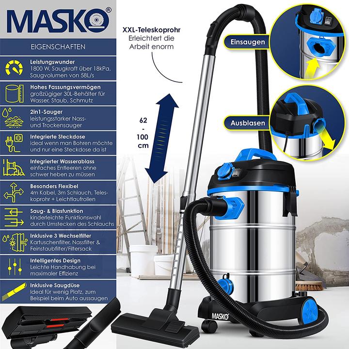 Produktbild Masko Industriestaubsauger 1800Watt in Blau (Nass-Trockensauger)