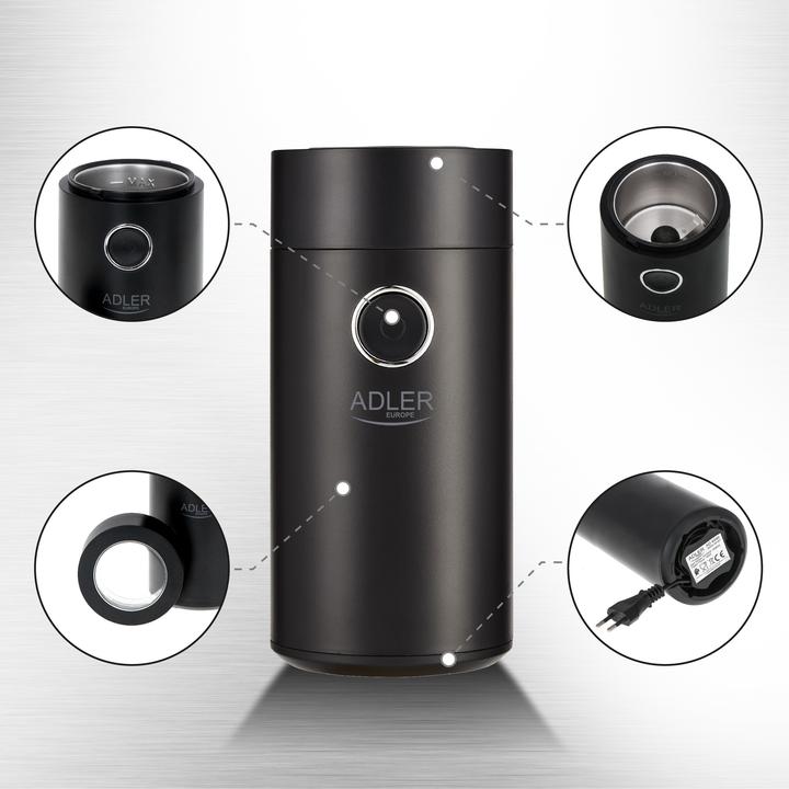 Immagine prodotto Adler Macinacaffè AD4446bs 150 W, Capacità chicchi di caffè 75 g, Interruttore di sicurezza del (Spina UE)