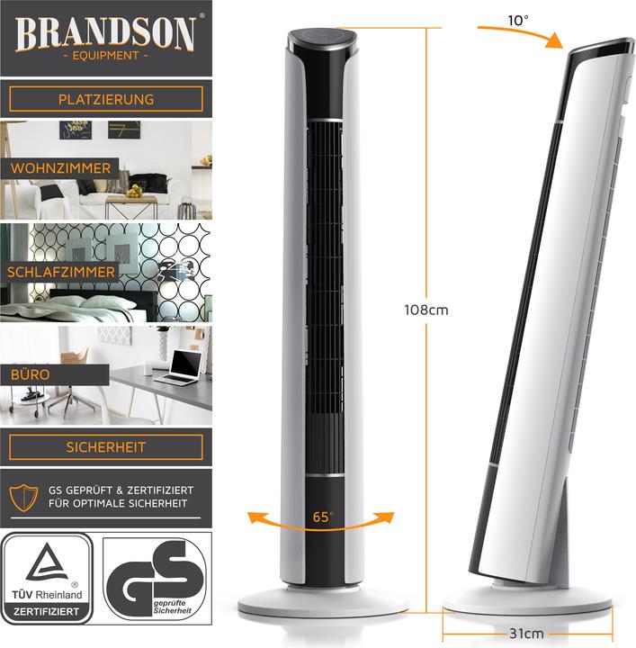Produktbild Brandson Turmventilator, Fernbedienung, 10° neigbar, Oszillation, 4 Modi, Standventilator 108cm, weiss (52 dB)