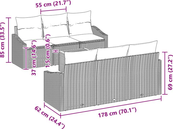 Produktbild VidaXL 7-teiliges Garten-Sofa-Set mit Kissen Schwarz Poly Rattan Akazie