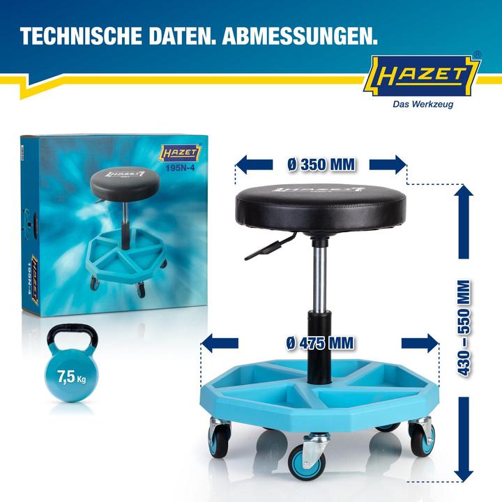 Produktbild HAZET Arbeits-Sitz 195N-4 (blau/schwarz, belastbar bis 150kg, höhenverstellbar)