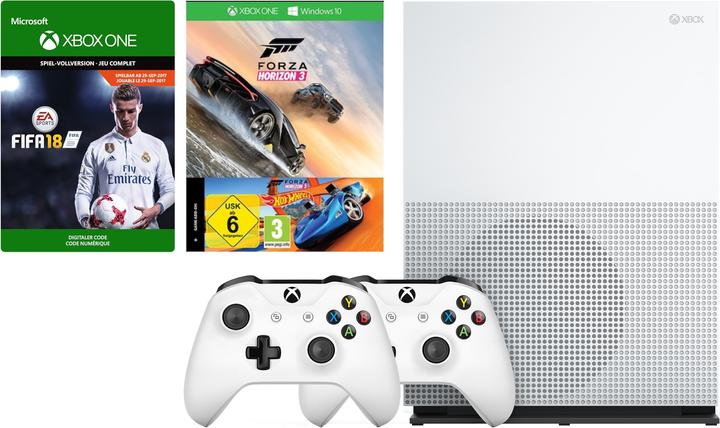 Produktbild Microsoft Xbox One S 500GB, FH3 & Hot Wheels + FIFA 18 (ESD) + 2x Controller