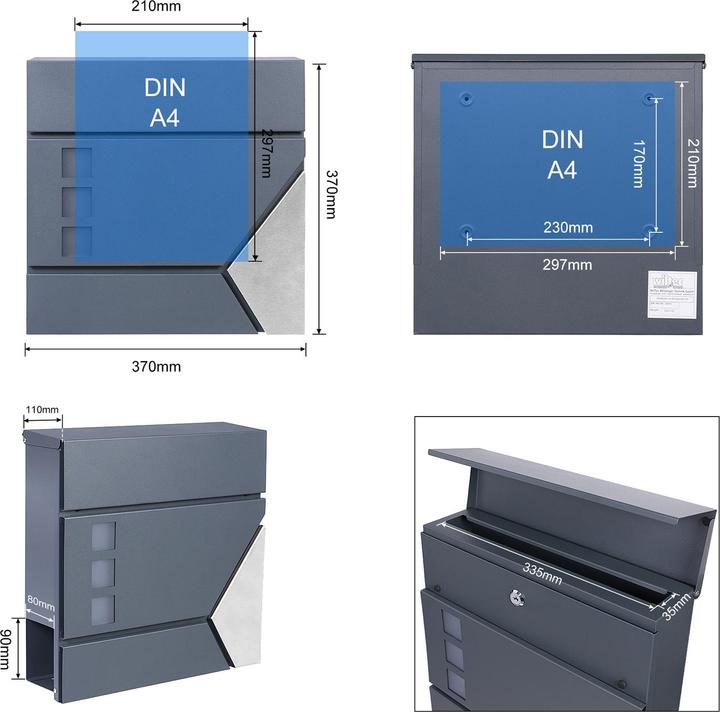 Produktbild Wiltec Briefkasten V48 Anthrazit Edelstahl 370x105x370mm pulverbeschichtet Wand