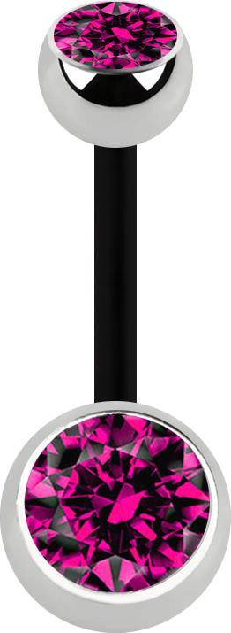 Star Piercing Banane schwarz mit zwei Kugeln silber Kristall fuchsia (Bioflex, ohne Messing, Chirurgenstahl 316L)