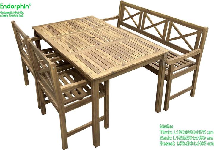 Produktbild Garten Sitzgarnitur aus Akazienholz massiv im Teakholz-Look 4tlg. (Tisch, Bank, 2 Stühle)