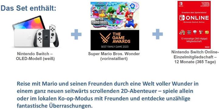 Produktbild Nintendo Switch OLED-Modell (weiss) – Super Mario Bros. Wonder Set + Einzelmitgliedschaft (12 Monate)