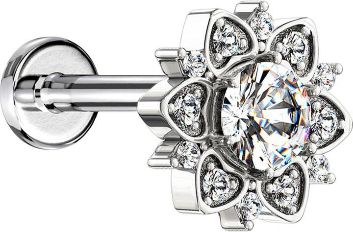 Produktbild Star Piercing Micro Labret Innengewinde silber Herzblume mit Kristall (Chirurgenstahl 316L, Messing)