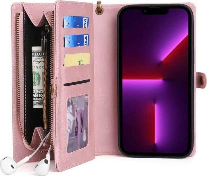 Image du produit Megshi iPhone 15 - 2-1 Étui portefeuille rose (Apple iPhone 15)