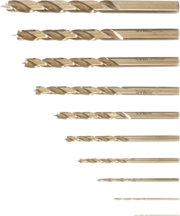 Actual product image Stier Wood drill bit set HSS Co 10 pcs. 1-10 mm (5 mm, 6 mm, 7 mm, 8 mm, 9 mm, 10 mm, 1 mm, 2 mm, 3 mm, 4 mm)