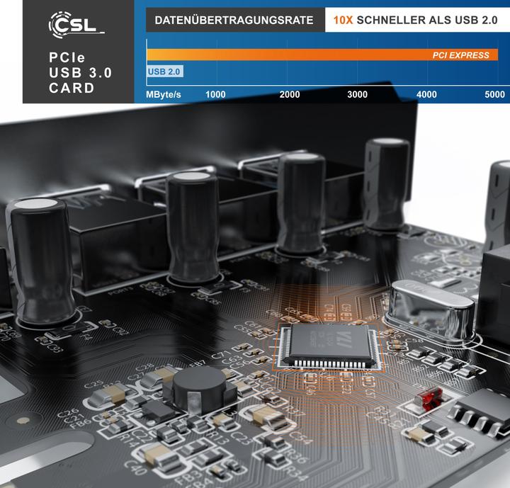 Produktbild CSL 4 Port USB 3.0 PCI Express Controllerkarte, 4 Schnittstellen, USB Hub