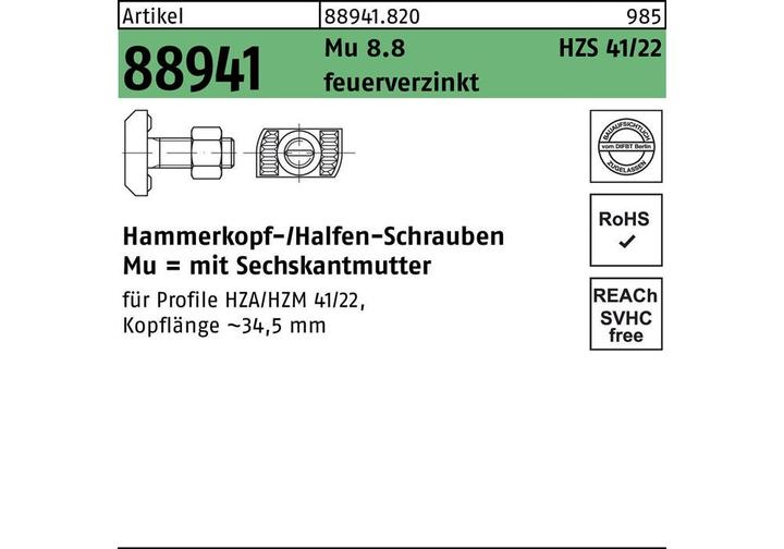 Produktbild Halfen Hammerkopfschraube R 88941 Typ HZS41/22 6-kantmutter M 12 x 50 Mu 8.8 feuerverzinkt