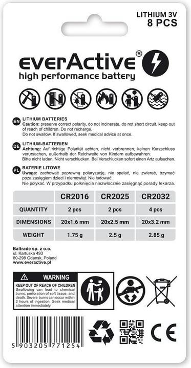 Energy Label Everactive LITHIUM BATTERY KIT, 4X CR2032, 2X CR2025, 2X CR2016 CRMIX8BL (CRMIX8BL) - Batte (8 pcs., CR2032, CR2016, CR2025)