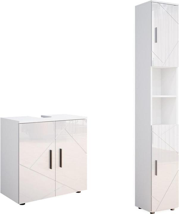 Vichy Badezimmermöbel-Set Irma, Weiss Hochglanz/Weiss, 2 Teile, mit Hochschrank