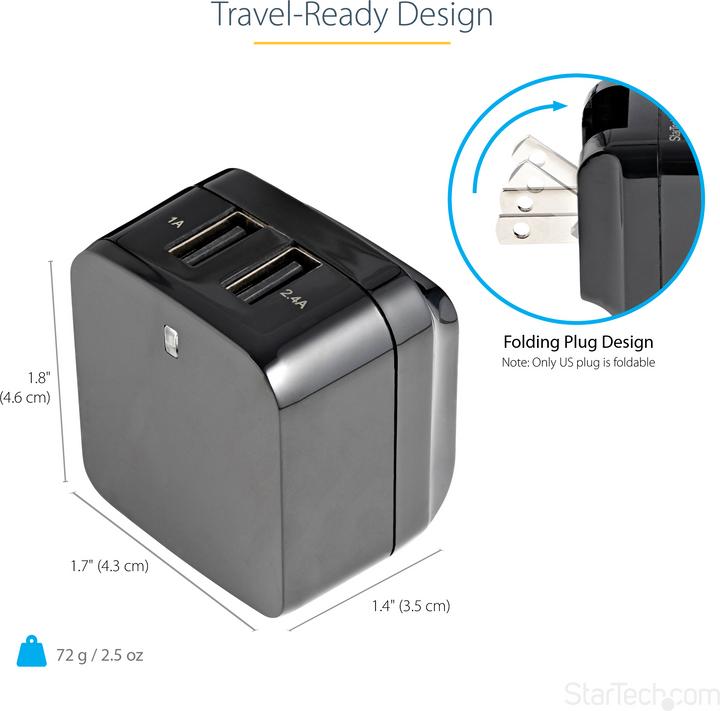 Produktbild StarTech 2 Port USB Ladegerät / Netzteil - 2-fach Ladestecker 17 Watt / 3.4 Amp - Dual Reiseladegerät 110... (17 W)