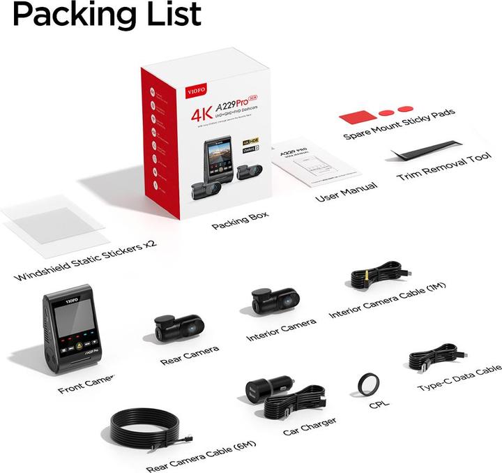 Immagine prodotto Viofo A229 Pro 3CH (Ricevitore GPS, Microfono incorporato, Display integrato, WiFi, Accelerometro, Visione notturna, 4K)