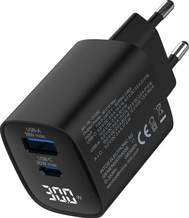 Produktbild InLine USB PD Netzteil, GaN Ladegerät, 2-Port, USB-C + USB-A, 30W, mit Display, schwarz (30 W)
