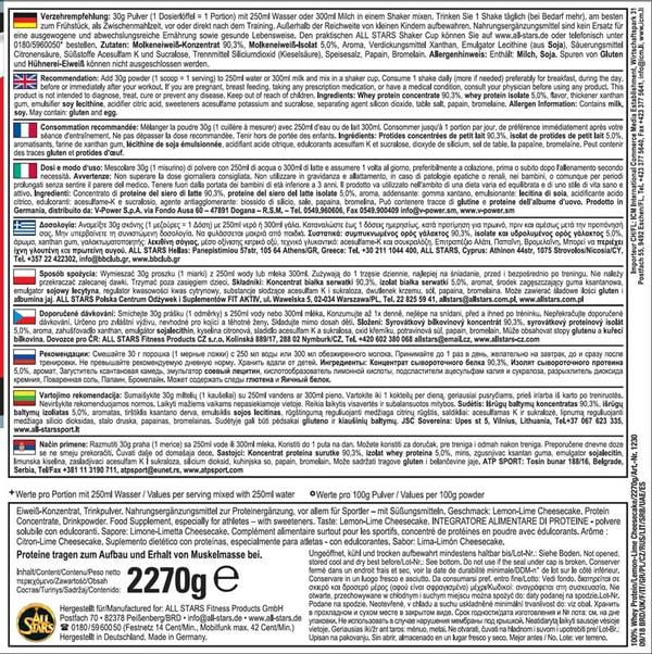 Nährwerte und Zutaten All Stars 100% Whey (Lemon Lime Cheesecake, 1 Stk., 2270 g)