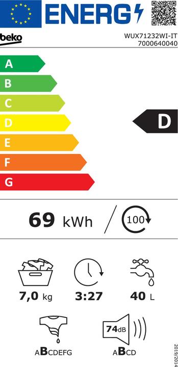 Label énergétique Beko WUX71232WI-IT Lave-linge Installation gratuite Chargement frontal 7 kg 1200 tr/min D Blanc (7 kg, Gauche)