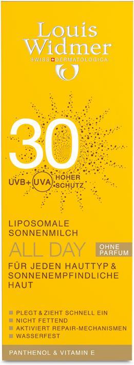 Actual product image Louis Widmer All Day Sun Milk unscented (Suntan lotion, SPF 30, 100 ml, 137 g)
