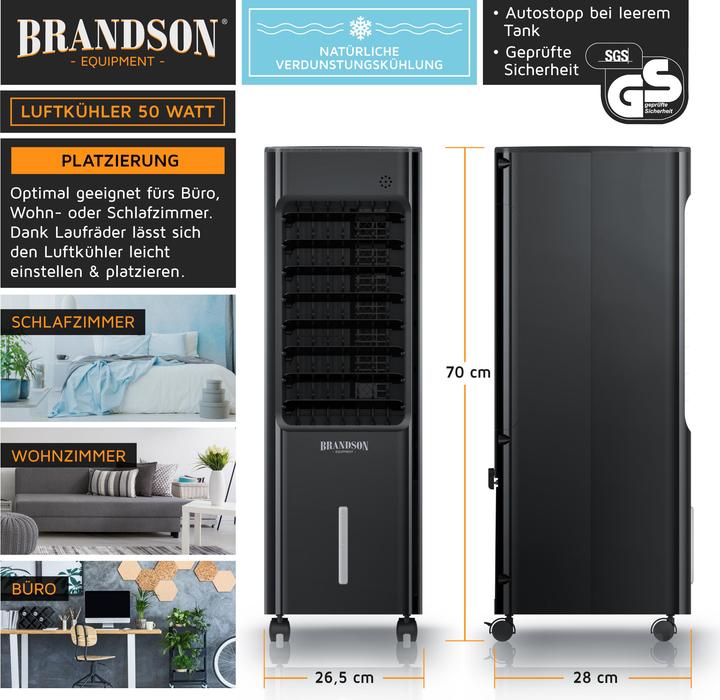 Produktbild Brandson Mobiler Luftkühler, Wasserkühlung, 5L Wassertank, Klimaanlage, 50W Verdunstungskühler, Timer, Lüfter