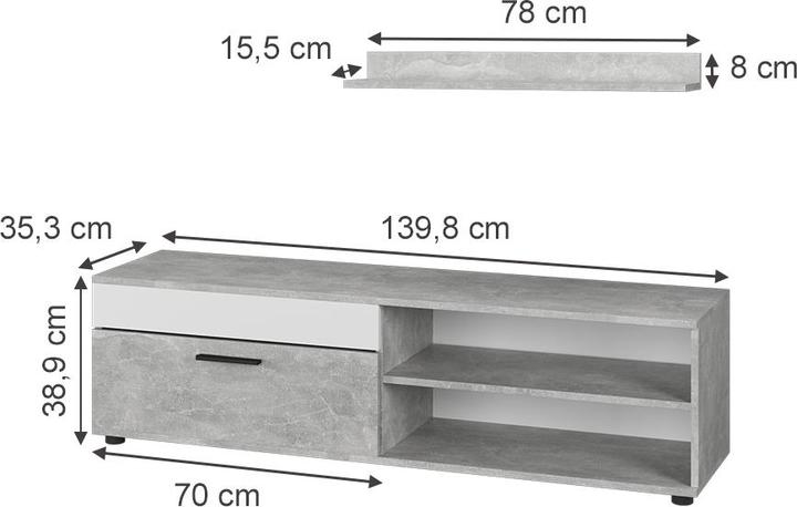 Immagine prodotto Vichy Lowboard & Regal Berno, Beton/Weiss, mit 1 Klappe
