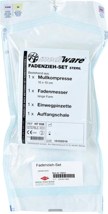 Produktbild Mediware Fadenzieh Set steril Trennmesser Pinzette Tupfer, 1 St