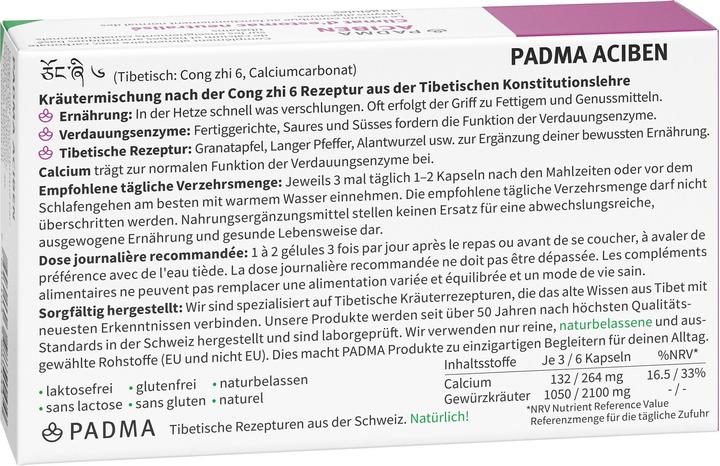 Valeurs nutritives et ingrédients Padma Climat stomacal équilibré d'Aciben (40 pièce(s), Capsules, 40 g)