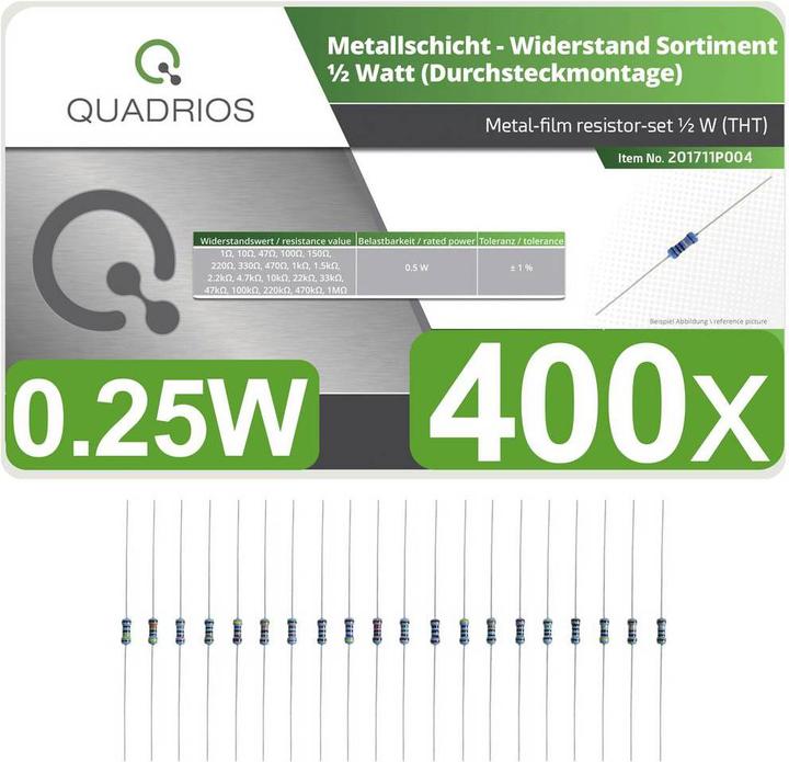 Immagine prodotto Quadrios 201711P004 Assortimento di resistenze a film metallico con piombo assiale 0,5 W 1 % 400 pz.