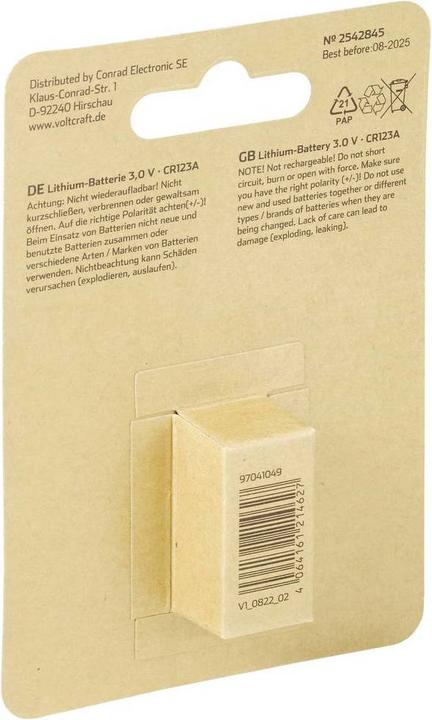 Immagine prodotto Voltcraft CR123A Batteria fotografica CR-123A al litio 1500 mAh 3 V 1 pz. (1 pz., RCR123A, 1500 mAh)