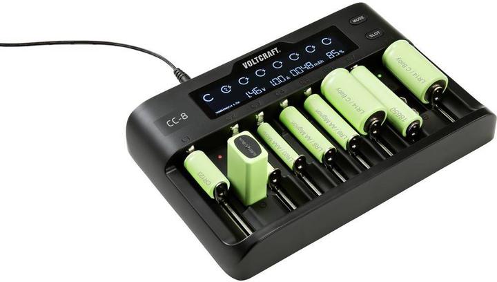Produktbild Voltcraft CC-8 Rundzellen-Ladegerät (1 Stk., 10340, 14500, 16340, 17500, 18490, 18500, 18650, 21700, 22650, 26500, 26650, Sub-C, A, 9V Block, AA, AAA, Ladegerät ohne Akku)