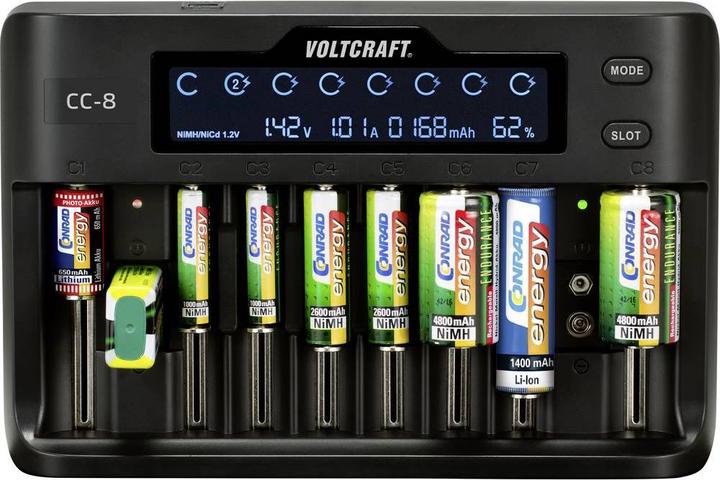 Produktbild Voltcraft CC-8 Rundzellen-Ladegerät (1 Stk., 10340, 14500, 16340, 17500, 18490, 18500, 18650, 21700, 22650, 26500, 26650, Sub-C, A, 9V Block, AA, AAA, Ladegerät ohne Akku)