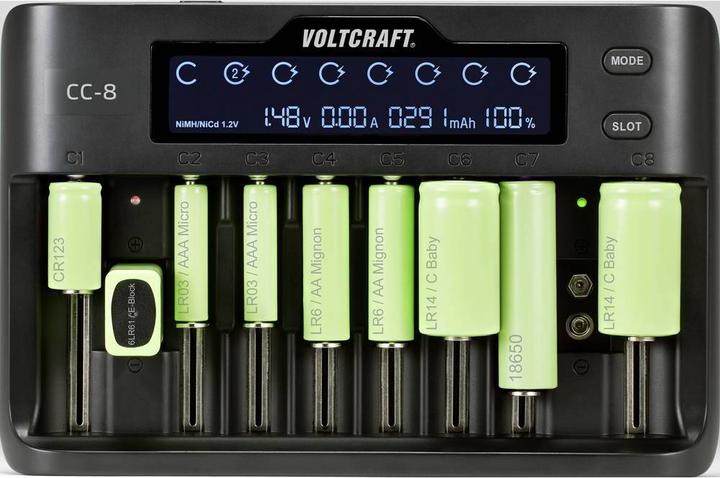 Produktbild Voltcraft CC-8 Rundzellen-Ladegerät (1 Stk., 10340, 14500, 16340, 17500, 18490, 18500, 18650, 21700, 22650, 26500, 26650, Sub-C, A, 9V Block, AA, AAA, Ladegerät ohne Akku)