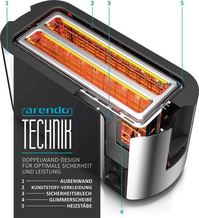Produktbild Arendo Edelstahl Toaster 4 Scheiben Langschlitz, Doppelwand, Brötchenaufsatz, Display mit Restzeitanzeige