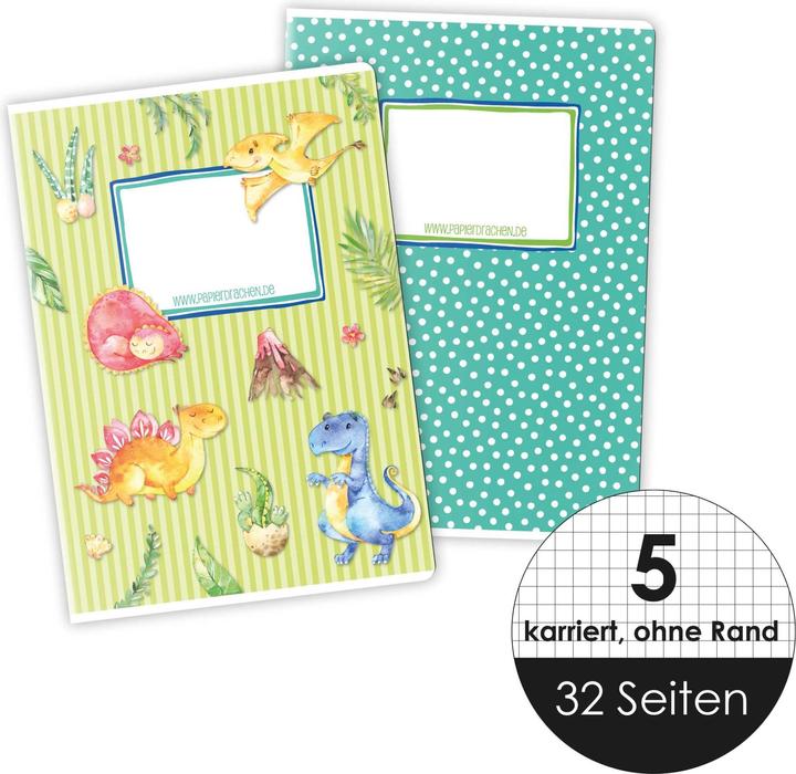 Actual product image Papierdrachen Exercise books set of 4 DIN A5 - Dino (VE 4) (A5, Checked, No binding)