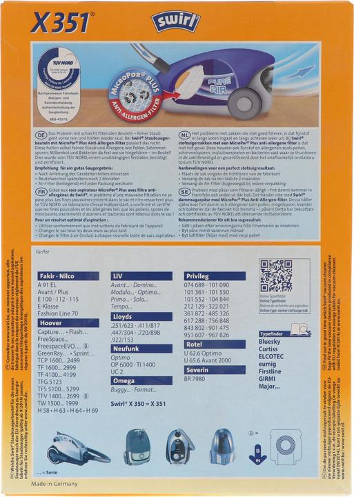 Actual product image Swirl Vacuum Cleaner Bag X351 (X350) MicroPor Plus for Hoover and LIV Vacuum Cleaners