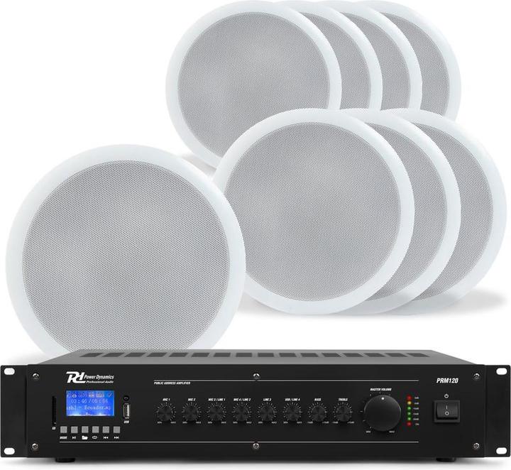 Produktbild Power Dynamics 100V Deckenlautsprecher Set - 8 weisse Lautsprecher und Verstärker - mit Bluetooth - 1 (Aktiv)