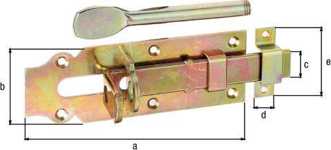 Actual product image Alberts Stable lock bolt with flat handle and loop, 160 x 56 mm, galvanised yellow (1 pcs.)