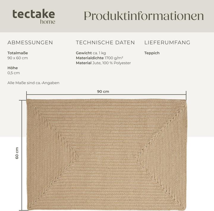 Produktbild tectake Geflochtener Teppich Vibe aus Jute, Boho-Stil (90 x 60 x 0.5 cm)