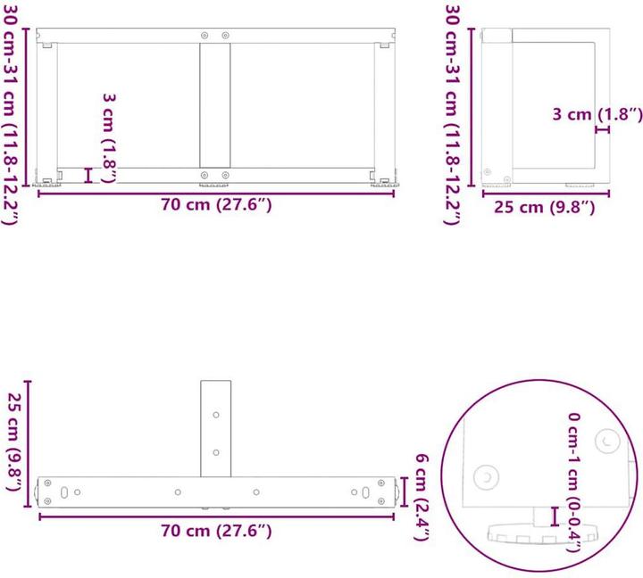 Produktbild VidaXL Couchtischbeine T-Form 2 Stk. Weiss 70x25x(30-31) cm Stahl Tischbein