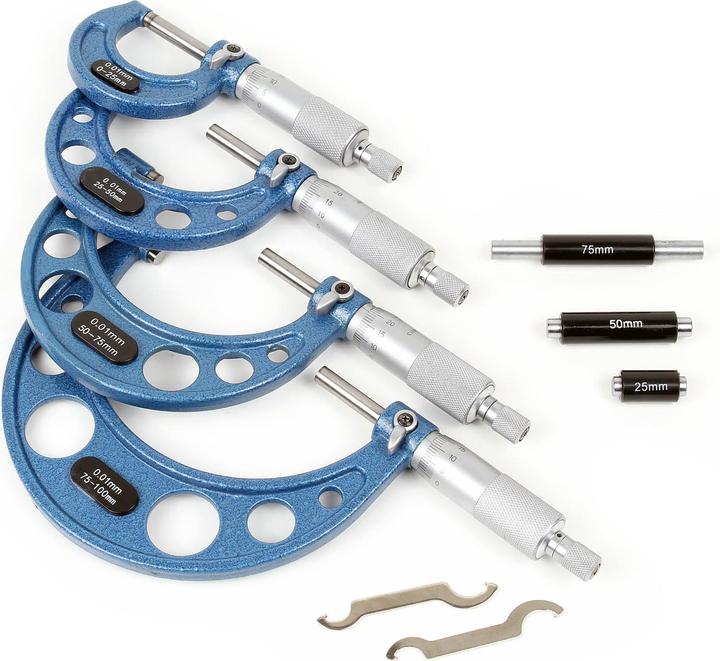 Image du produit Wiltec Coffret de micromètres Set 0-100mm 4 manomètres Précision de mesure 0,01mm Outil de mesurage
