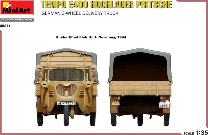 Actual product image Mini art Tempo E400 high loader flatbed. German 3-Wheel Delivery Truck