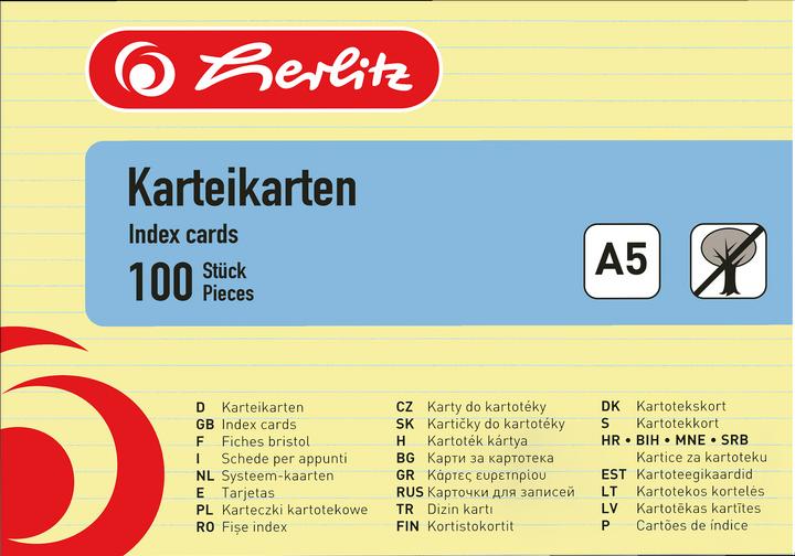 Produktbild Herlitz Karteikarten, DIN A5, liniert, gelb aus Papier, 170 g-qm, holzfrei, Linienfarbe: blau, doppelte (A5, 170 g/m², 100 x)
