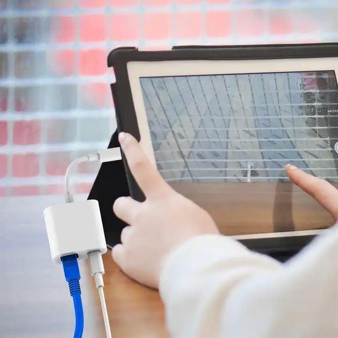 Actual product image PhoneLook Multiport Lightning to RJ45 Ethernet LAN adapter with USB-C power connection