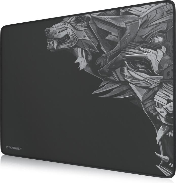 Titanwolf Gaming mouse pad XL, 440 x 350mm mouse mat with fabric surface, rubberised back, wolf motif on the (L)